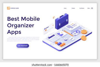 Landing page template with smartphone, documents, money, calculator, briefcase. Concept of mobile organizer app, application for file organization, task management. Isometric vector illustration.