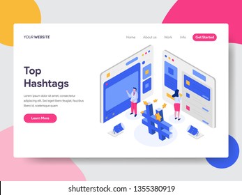 Landing page template of Social Media Hashtags Isometric Illustration Concept. Isometric flat design concept of web page design for website and mobile website.Vector illustration