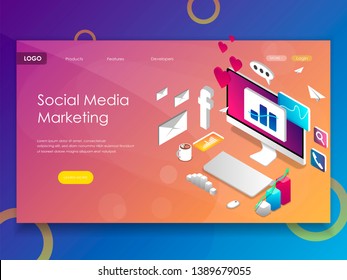 Landing page template of Social media marketing. Modern isometric design concept of web page design for website and mobile website. Easy to edit and customize. Vector illustration