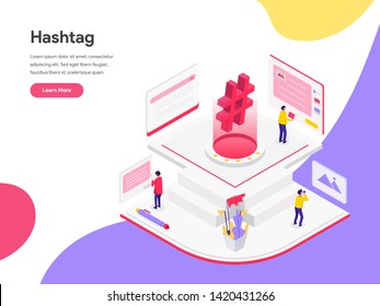 Landing page template of Social Media Hashtags Isometric Illustration Concept. Isometric flat design concept of web page design for website and mobile website.Vector illustration