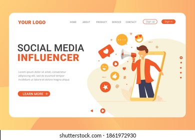 Landing page template social media influencer concept Showing people bringing likes and reactions to account promotion
