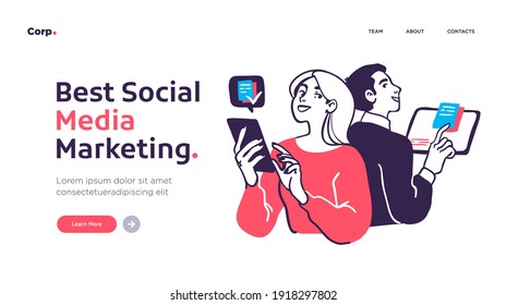 Landing page template of Social media marketing. Modern flat design concept of web page design for website and mobile website. Easy to edit and customize. Vector illustration