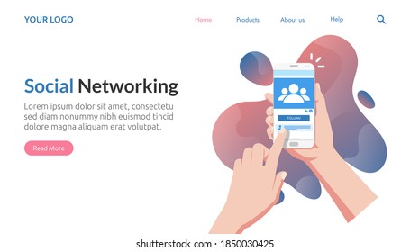Plantilla de página de inicio del concepto de servicio de redes sociales. Plataforma de aplicación para crear una relación de personas con el símbolo de la mano.  