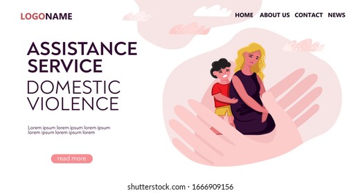 Landing page template for social and psychological support for women and children from domestic violence. Two large arms embrace a crying woman with a baby. Banner about protect. Vector illustration.