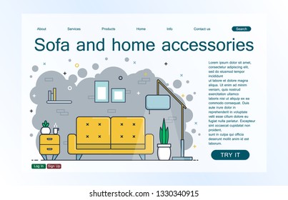 Landing page template of sofa and home accessories. Concept of web page design for website and mobile website. Vector illustration.