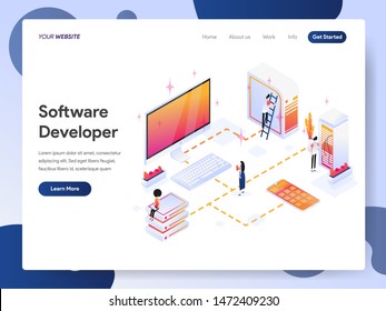 Landing page template of Software Developer Isometric Illustration Concept. Modern design concept of web page design for website and mobile website.Vector illustration EPS 10