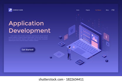 Landing page template with software engineer or programming working on laptop computer. Concept of application development, information technology. Modern isometric vector illustration for website.