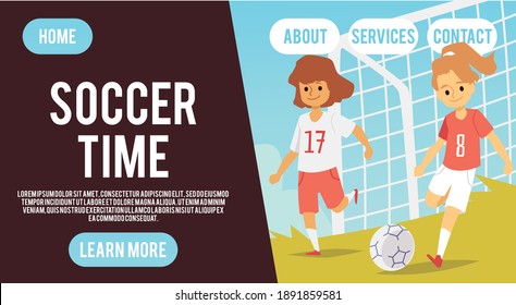 Landing page template with sport team girls playing in soccer on field. Game with ball outdoors for active children. Vector flat cartoon illustration.