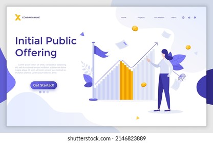 Landing page template with stockbroker demonstrating stock exchange diagram. Concept of market trends analysis and research, investment strategy, IPO. Modern flat vector illustration for webpage.