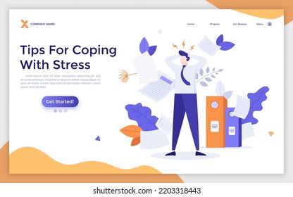 Landing page template with stressed out office worker or clerk surrounded by paper documents. Concept of paperwork routine, stressful work, overworked employee. Flat vector illustration for webpage.