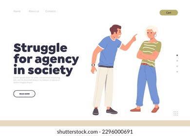 Landing page template with struggle for agency in society problem and gender discrimination concept