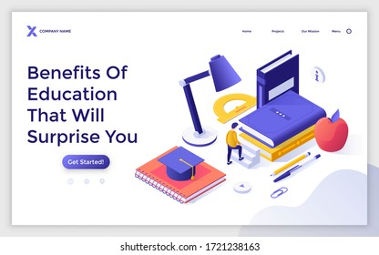 Landing page template with student ascending stairs, books, graduation cap. Concept of benefits of education or academic degree, study progress, university admission. Isometric vector illustration.