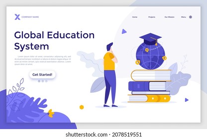 Landing page template with student looking at globe with graduation cap on books. Concept of global education, international exchange program, studying abroad. Flat vector illustration for website.