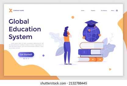 Landing page template with student looking at globe with graduation cap on books. Concept of global education, international exchange program, studying abroad. Flat vector illustration for website.