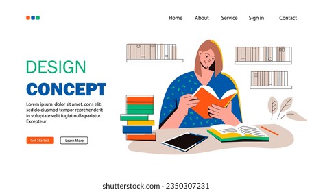 
Landing page template. Student reads a book and studies. The girl sits at the table and studies with books and a tablet, preparing for the exam. Education concept. Vector flat illustration.