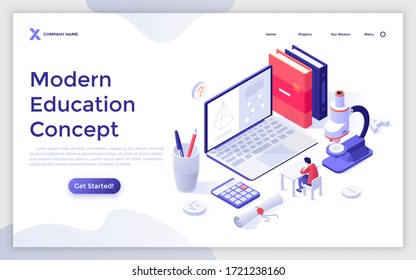 Landing page template with student sitting at desk and studying in front of giant laptop computer. Concept of distance education, e-learning, online course. Modern isometric vector illustration.