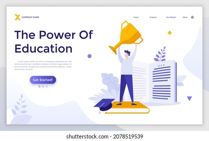 Landing page template with student standing on book and holding golden winner cup. Concept of power of education, academic success, excellent study performance. Flat vector illustration for website.