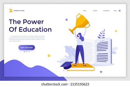 Landing page template with student standing on book and holding golden winner cup. Concept of power of education, academic success, excellent study performance. Flat vector illustration for website.