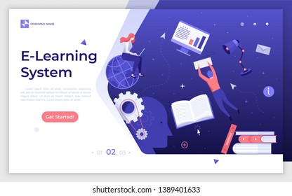 Landing page template with students floating in space and studying via Internet. E-learning system, distant education, online courses. Modern flat vector illustration for website, web banner.