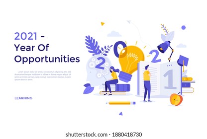 Landing page template with students reading books and preparing for exam. Concept of 2021 as year of opportunities for learning, studying, obtaining knowledge. Flat vector illustration for website.