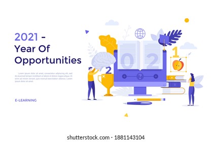 Landing page template with students reading book on computer screen. Concept of 2021 as year of opportunities for e-learning, distant education, online knowledge. Modern flat vector illustration.