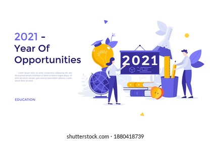 Landing page template with students standing beside blackboard, books, graduation cap. Concept of 2021 as year of opportunities for school or university education. Flat vector illustration for banner.