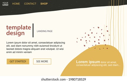 Landing page template suitable for web and tablet in flat style, simple white, black, yellow and red design with grain texture pattern, lines and circles. Includes interface, navigation and buttons.