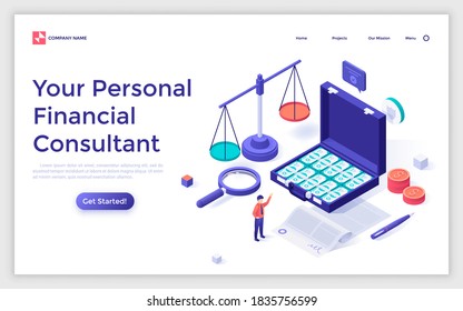 Landing page template with suitcase full of money, scale, signed contract. Concept of personal financial consultant or professional legal advisor for your business. Isometric vector illustration.