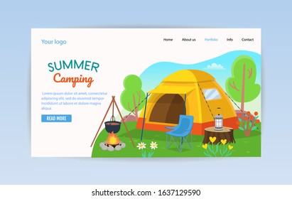  Landing page template. Summer Camping. Forest landscape with trees, bushes, flowers, road, a lake, tents, a bonfire, a backpack. Concept camping and summer traveling.