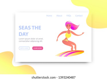Landing Page Template of Summer Holiday. Surfer Woman with Surfing Board Ocean Beach. Modern Flat Design concept of web page Design for Website and Mobile website. Vector Illustration.