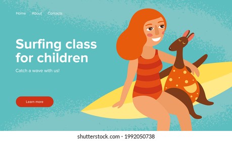 Landing page template Surfing class foe children vector character illustration. Flat illustration concept of website design.