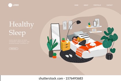 Landing page template with Sweet girl sleeping in bed with relaxing white cat . Daily life and everyday routine scene by young woman in scandinavian style cozy interior bedroom. Cartoon vector