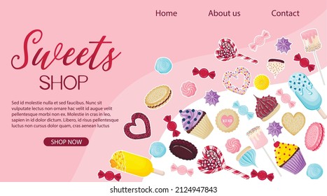 Landing page template for a sweet shop on a pink abstract background with a variety of desserts. Media design for banner, flyer, confectionery advertisement.