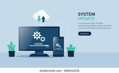 Landing page template of system update on computer and smartphone devices vector illustration.