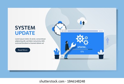 Landing Page Template des System Update Concept. Man-Charakter verwendet Schraubenschlüssel, um Software-Vektorgrafik zu aktualisieren. 