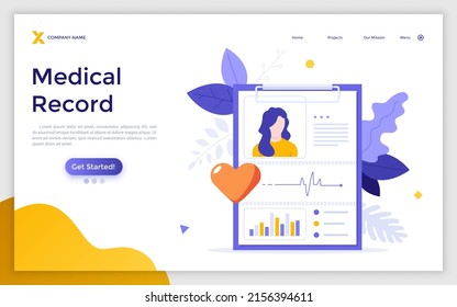 Landing page template with tablet or writing pad with patient diagnosis on it. Concept of medical record, monitoring and diagnostics, health indicators. Modern flat vector illustration for website.