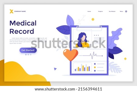 Landing page template with tablet or writing pad with patient diagnosis on it. Concept of medical record, monitoring and diagnostics, health indicators. Modern flat vector illustration for website.