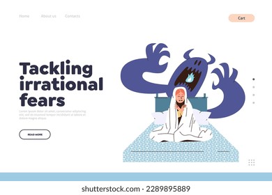 Landing page template with tackling irrational fears concept and frightened kid afraid monster