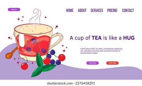 Landing page template with tea, teacups, berries. For poster, card, banner, discount, special offer. Vector illustration EPS10 
