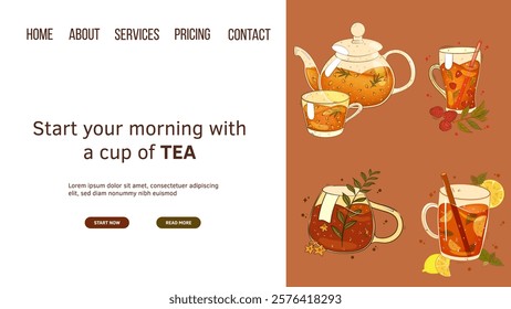 Landing page template with tea, teacups, lemon, raspberry, herbal. For poster, card, banner, discount, special offer. Vector illustration EPS10 
