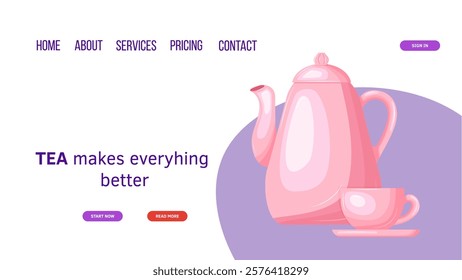 Landing page template with tea, teacups, teapot. For poster, card, banner, discount, special offer. Vector illustration EPS10 
