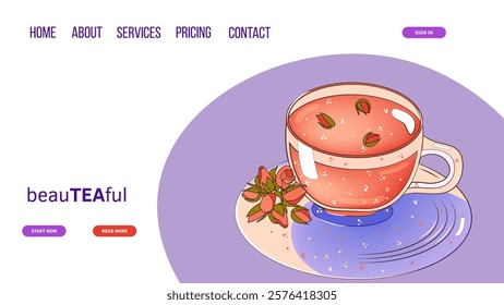 Landing page template with tea, teacups, roses. For poster, card, banner, discount, special offer. Vector illustration EPS10 
