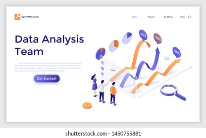 Landing page template with team of analysts comparing graphs. Business data analysis team, financial forecast, statistical market research. Modern isometric vector illustration for website, banner.