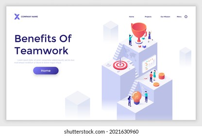 Landing page template with team of office workers climbing up stairs with prize on top. Concept of benefits of teamwork, development of company through collective work. Isometric vector illustration.