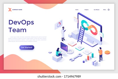 Landing page template with team of programmers working on project, computer, diagrams. Concept of devops, software development and information technology operations. Isometric vector illustration.