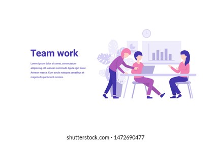 Landing page template of Team work people in the office. Modern flat design concept of web page for website. - Vector