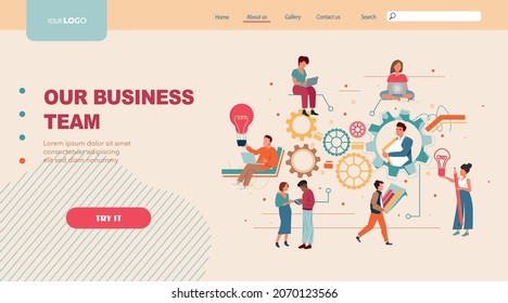 Landing page template of Team Work. Team metaphor. Teamwork, cooperation, partnership, collaboration. Business strategy discussion. Web page design for website and mobile website. Vector illustration.