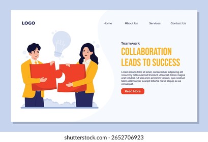Landing page template of Teamwork collaboration and teamwork. Man and woman working together on project. Vector illustration