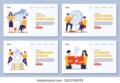 Landing page template Teamwork Concept Set illustration Featuring Business Professionals Collaborating, Problem Solving, and Achieving Goals in Flat Design Vector Style with Growth, 