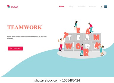 Landing page template of Teamwork. Modern flat design concept of web page design for website and mobile website. People are working together to solve the problem. vector illustration.